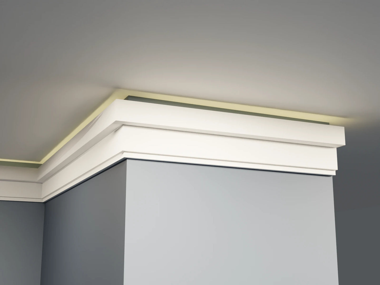Ceiling cornice molding on a gray wall with 'The Cornice Store' branding.