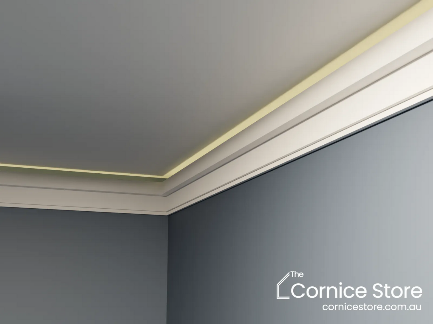 Cornice molding on a ceiling and wall with 'The Cornice Store' branding.