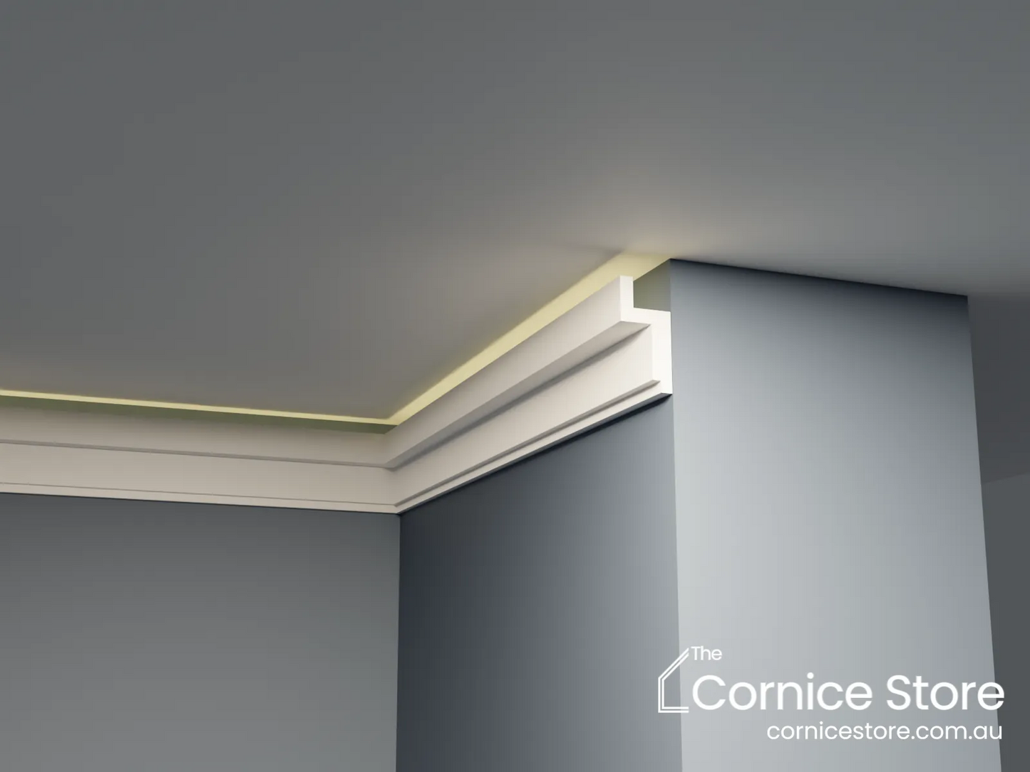 Cornice molding on a wall with 'The Cornice Store' branding.
